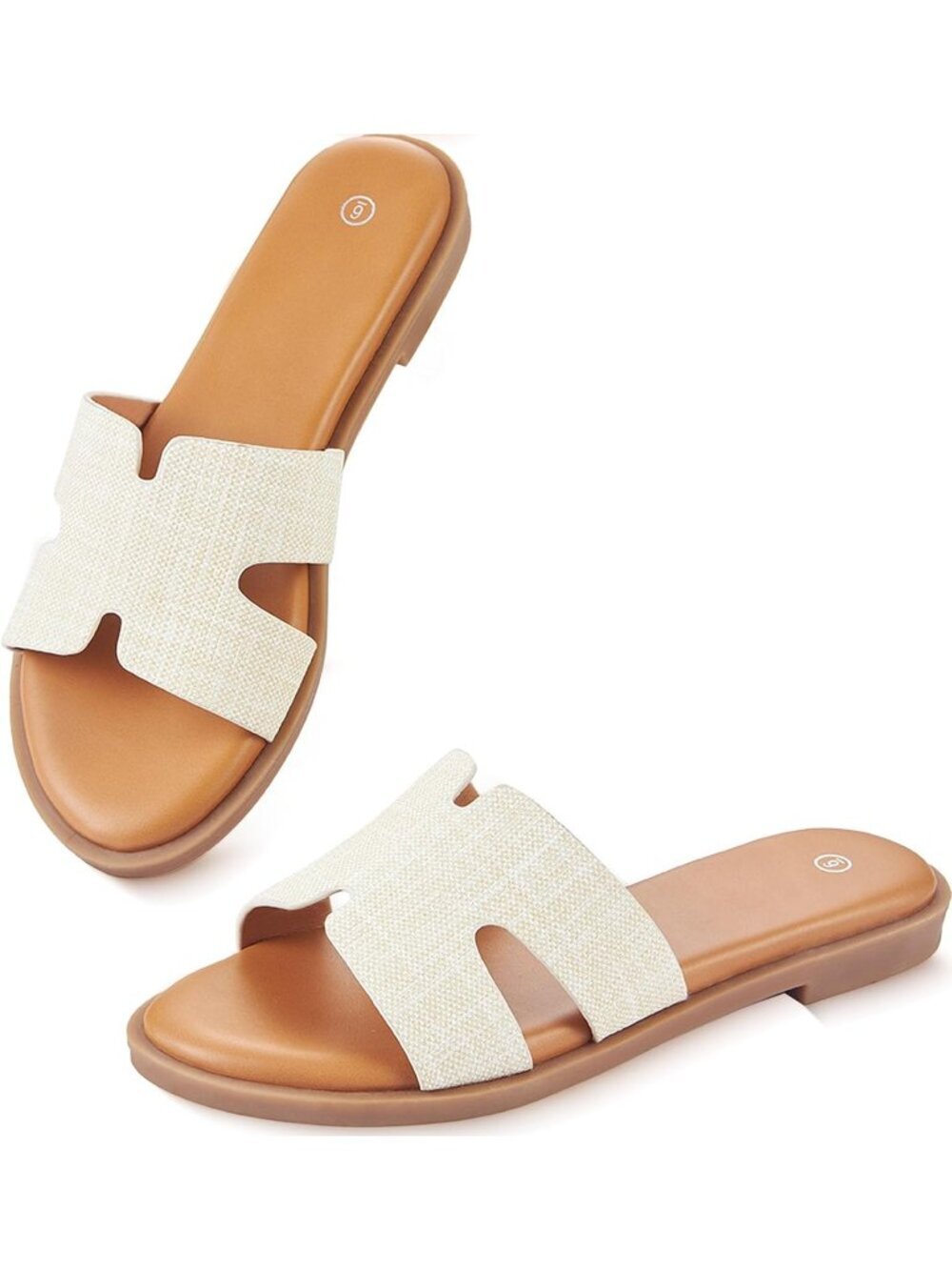 Women's Beige Flat Round Open Toe Slides Casual Comfortable Cute Slip On Sandals